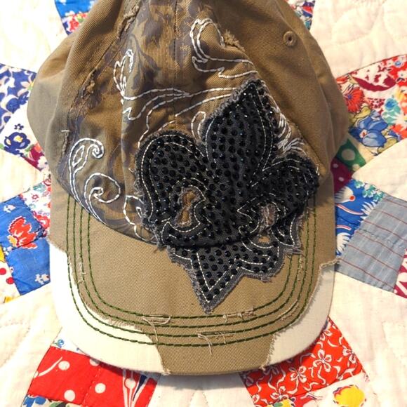 Leader L.O.G.A. Embellished Tan/Cream Distressed Fleur de lis Adjustable Cap - Picture 1 of 8